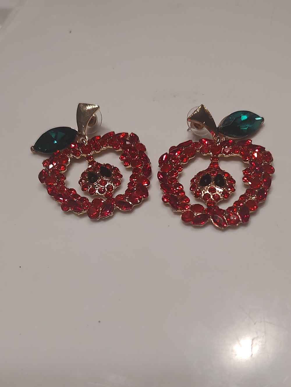 Red Crystal Apple Drop Earrings with Green Leaf Accent
